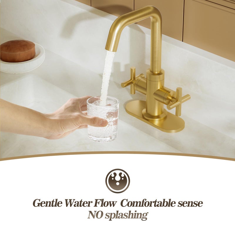 Phiestina Brushed Gold 2-Handle 4 Inch Centerset Single Hole Bathroom Faucet with Drain,Deck Plate and Supply Hoses, Fit for 1 or 3 Hole, SGF002-10-BG - Image 5